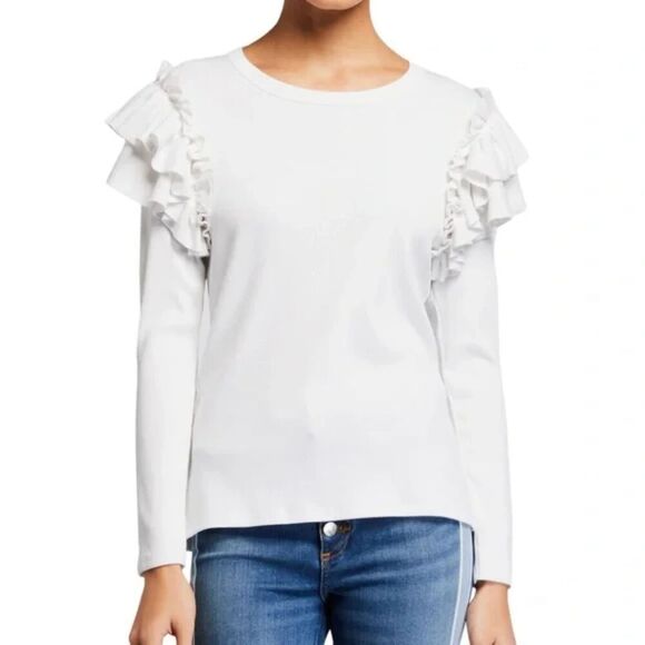 Veronica Beard Avedon Top White Ruffle Long Sleeve Ribbed top XS NWT 228 IRRG - Picture 2 of 15